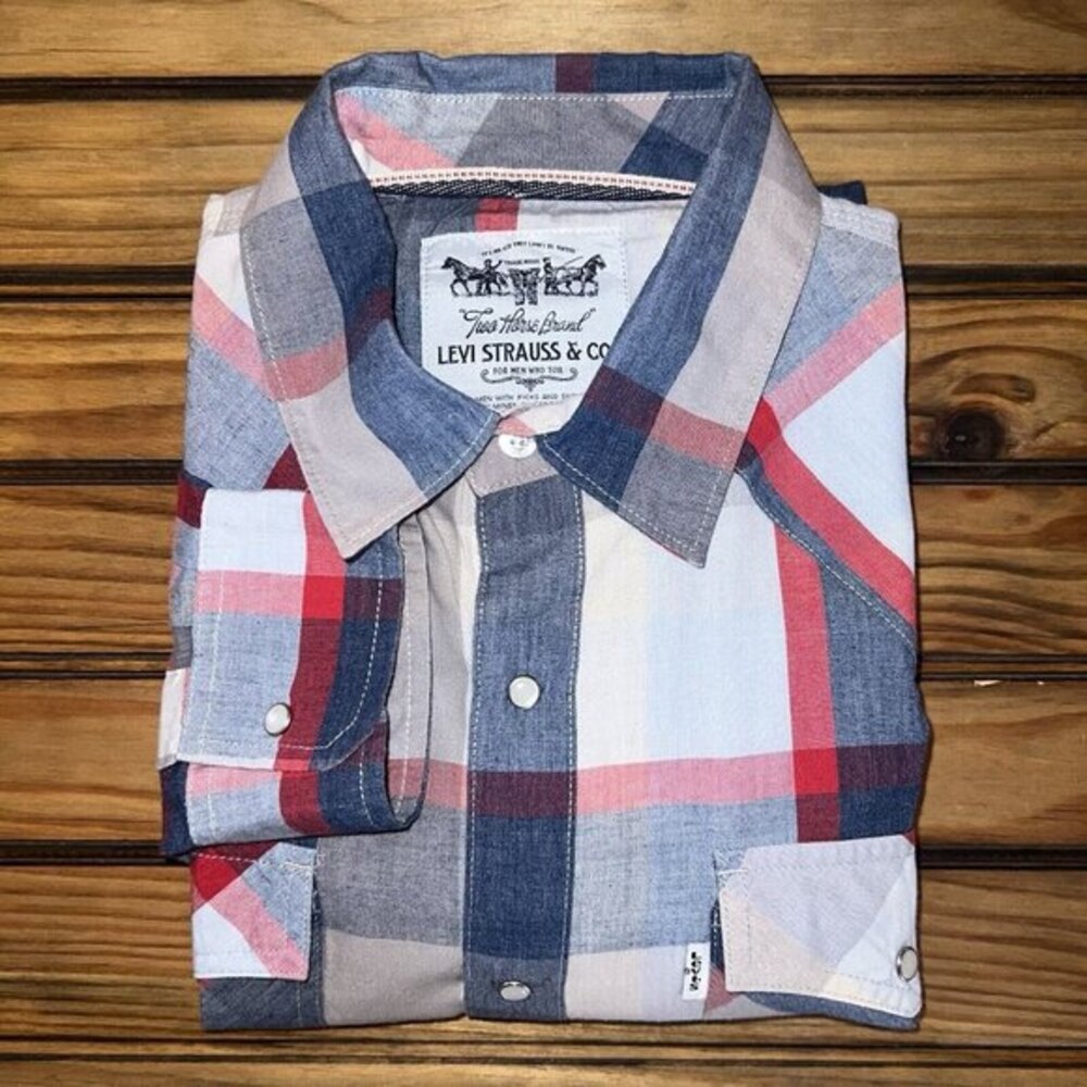 Levis Pearl Snap Shirt Mens Size Medium Western Plaid Blue Grey Red Button Up